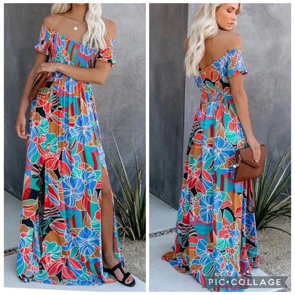 Aakaa Dresses & Skirts - Aakaa Tropical Floral Print Smocked Maxi Dress Small Off The Shoulder Beachy